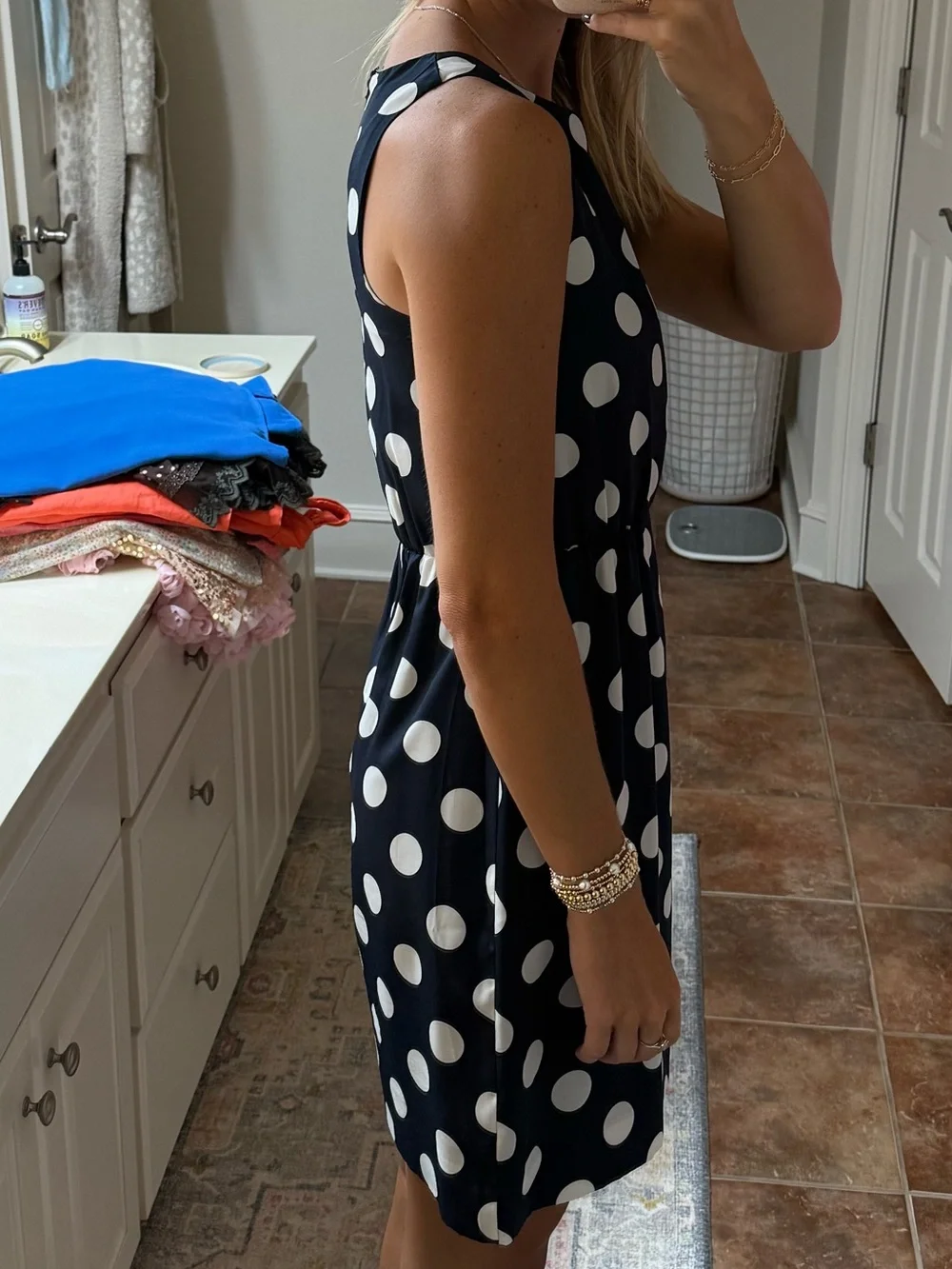 J. Crew Navy and White Polka Dot Sleeveless Dress